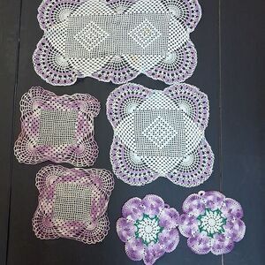 Vintage crocheted‎ white with purple doilies/trivets/hotpads/potholders